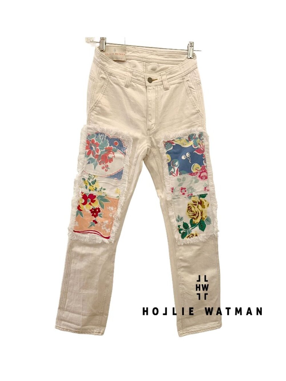 Hollie Watman Project Upcycle White Denim Pants, Vintage Patches, size 28